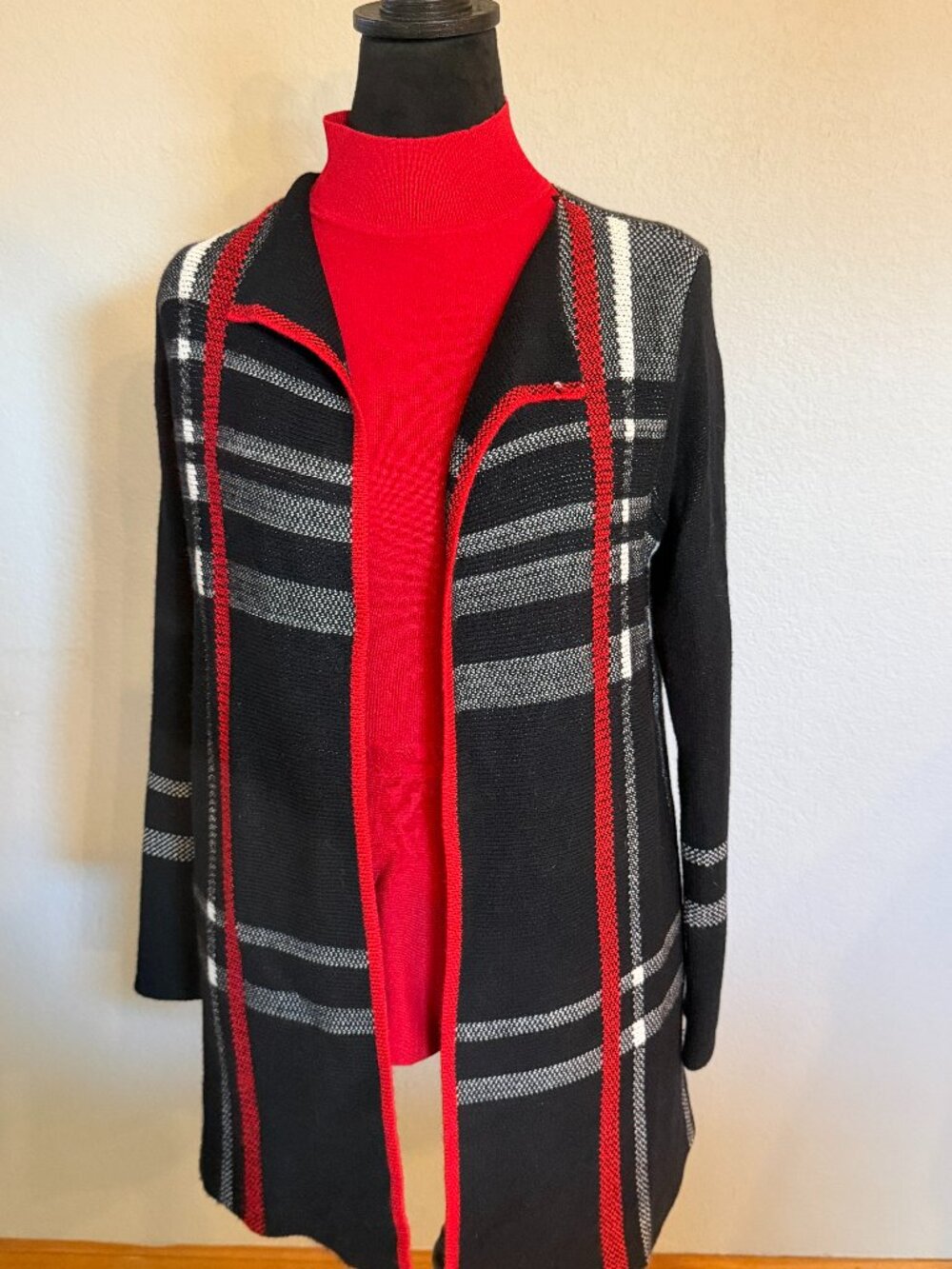 Charter Club Petite Wool Blend Plaid Open Front Cardigan Black Red PS
